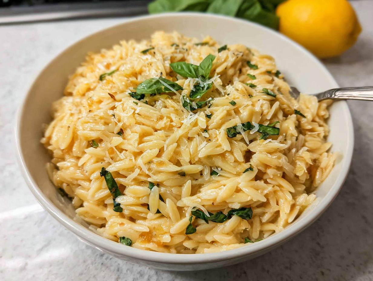 A close-up of creamy Lemon Parmesan Orzo topped with fresh basil and grated cheese in a white bowl.