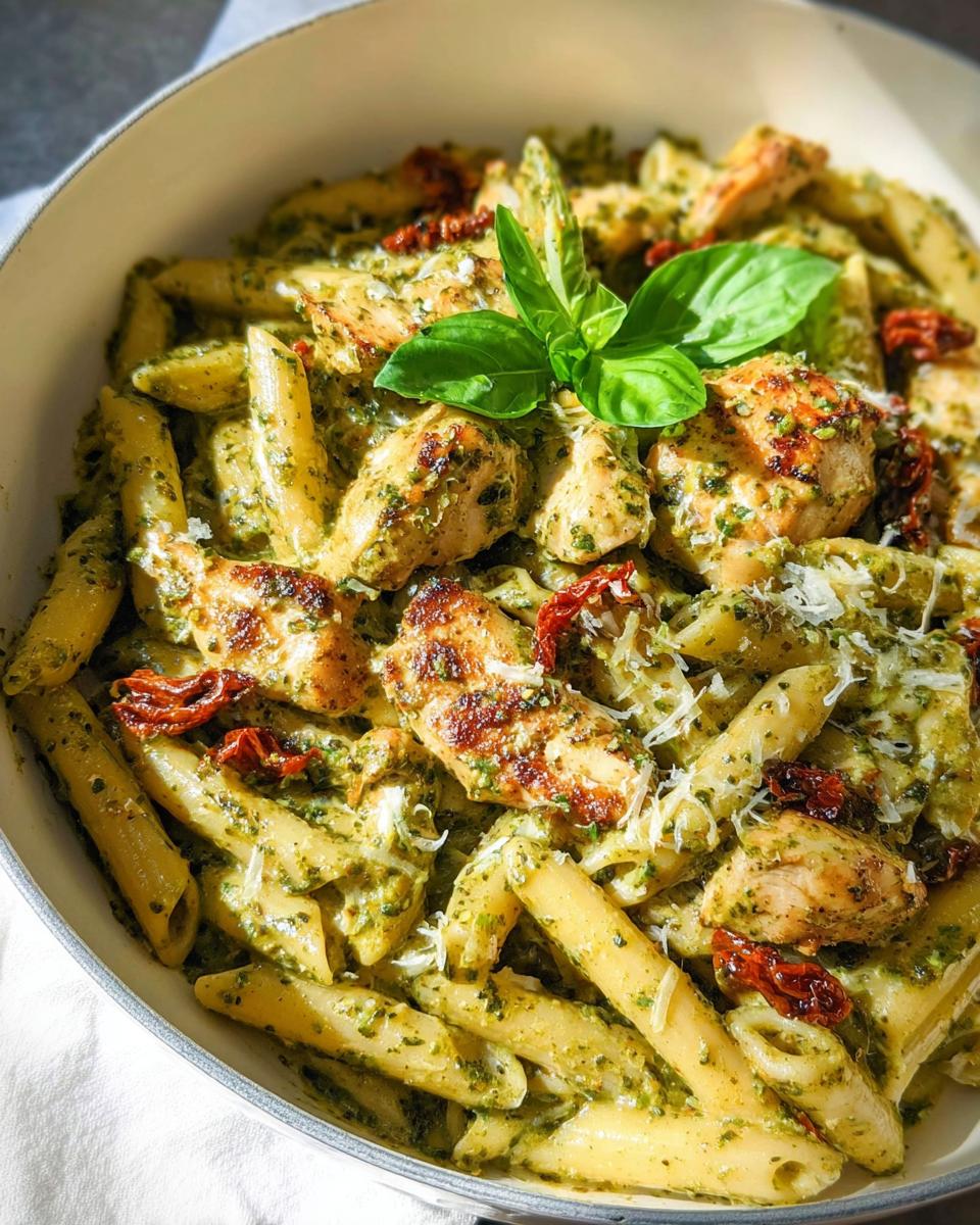 A close-up overhead view of Creamy Pesto Chicken Pasta featuring penne, grilled chicken pieces, sun-dried tomatoes, and basil garnish.