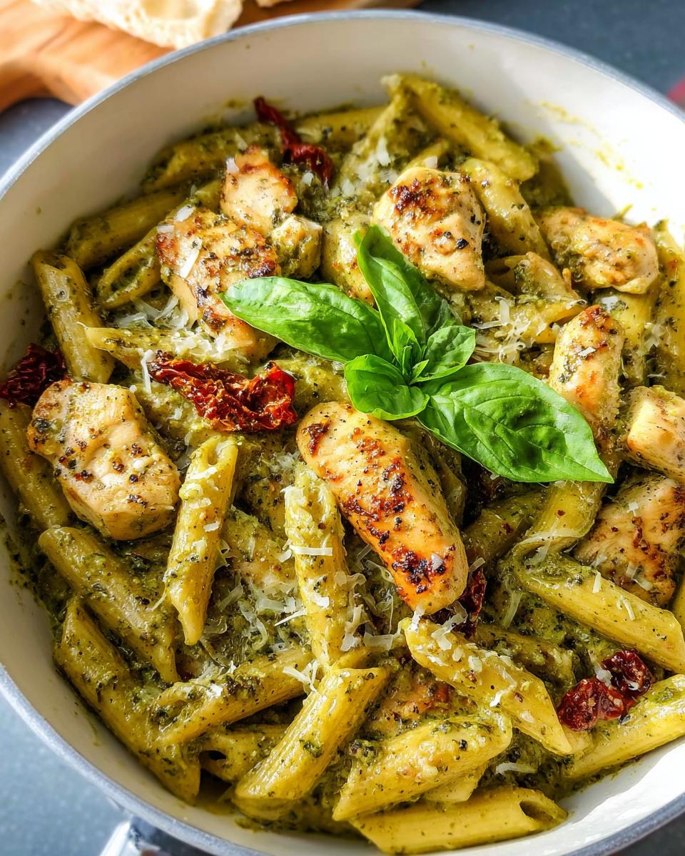 Close-up view of creamy pesto chicken pasta with penne, grilled chicken pieces, and fresh basil garnish.