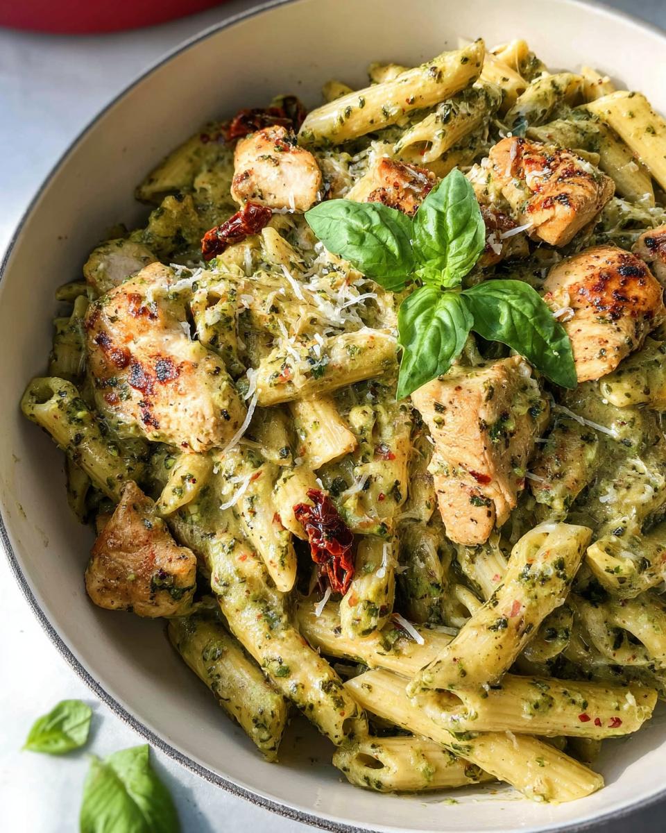 A bowl filled with creamy pesto chicken pasta, penne coated in green sauce, topped with grilled chicken pieces and fresh basil.