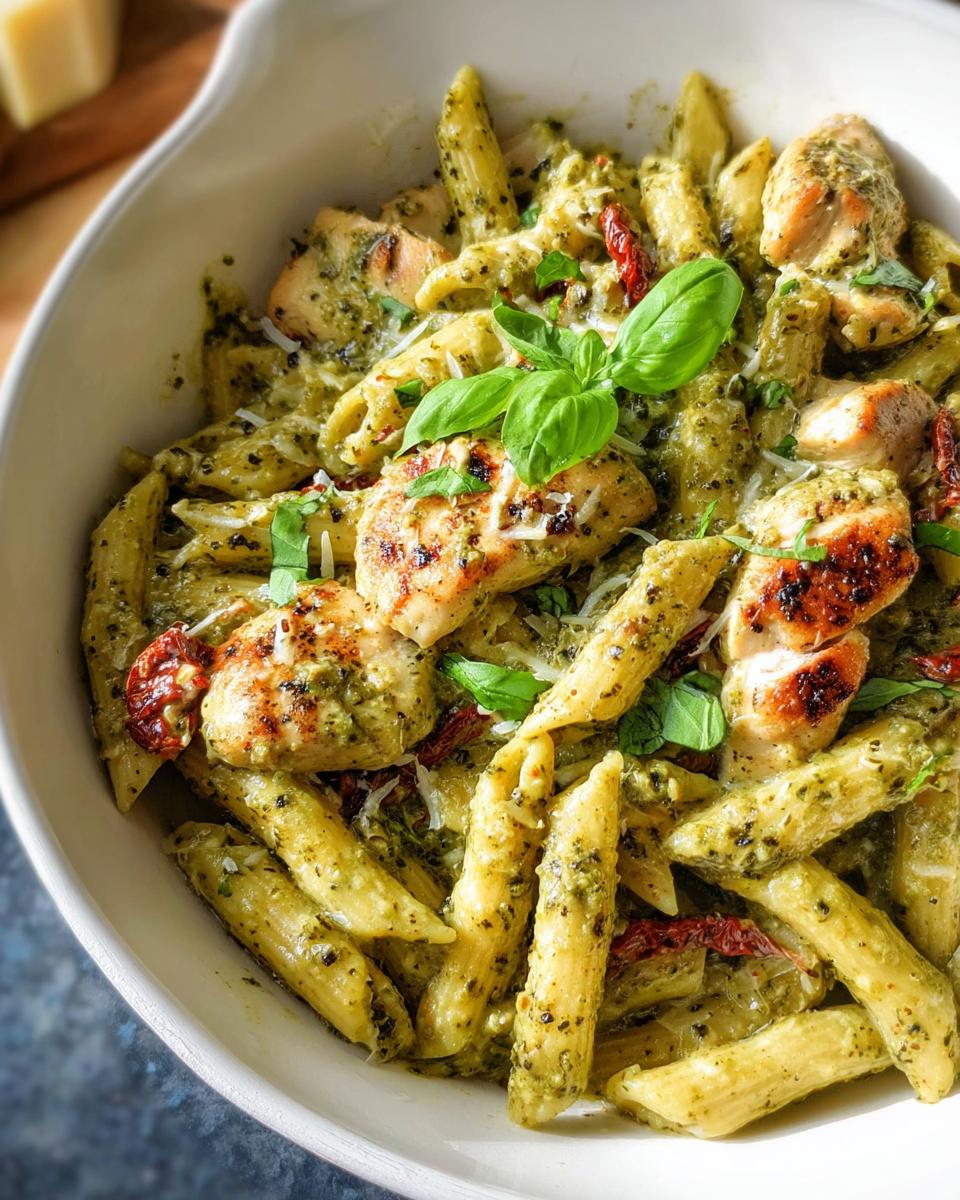 A close-up shot of a white bowl filled with Creamy Pesto Chicken Pasta, topped with grilled chicken pieces and fresh basil.