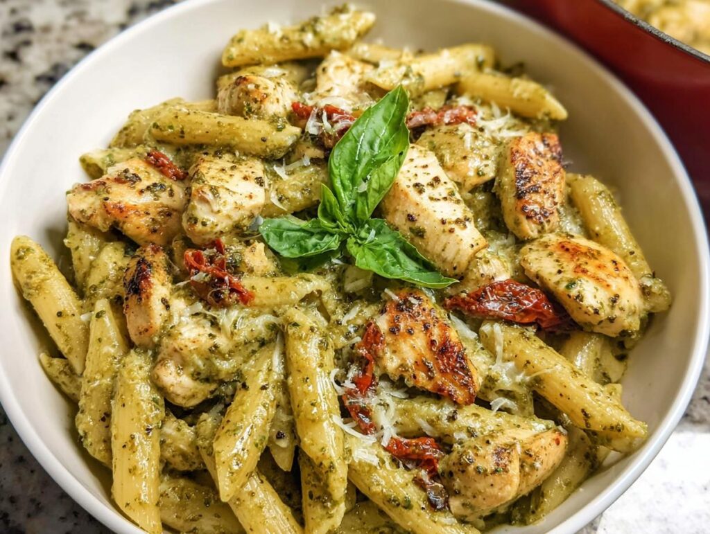 Close-up of a white bowl filled with Creamy Pesto Chicken Pasta, topped with grilled chicken chunks and basil.
