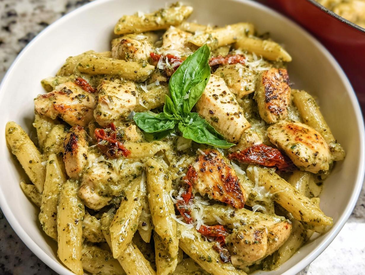 Close-up of a white bowl filled with Creamy Pesto Chicken Pasta, topped with grilled chicken chunks and basil.