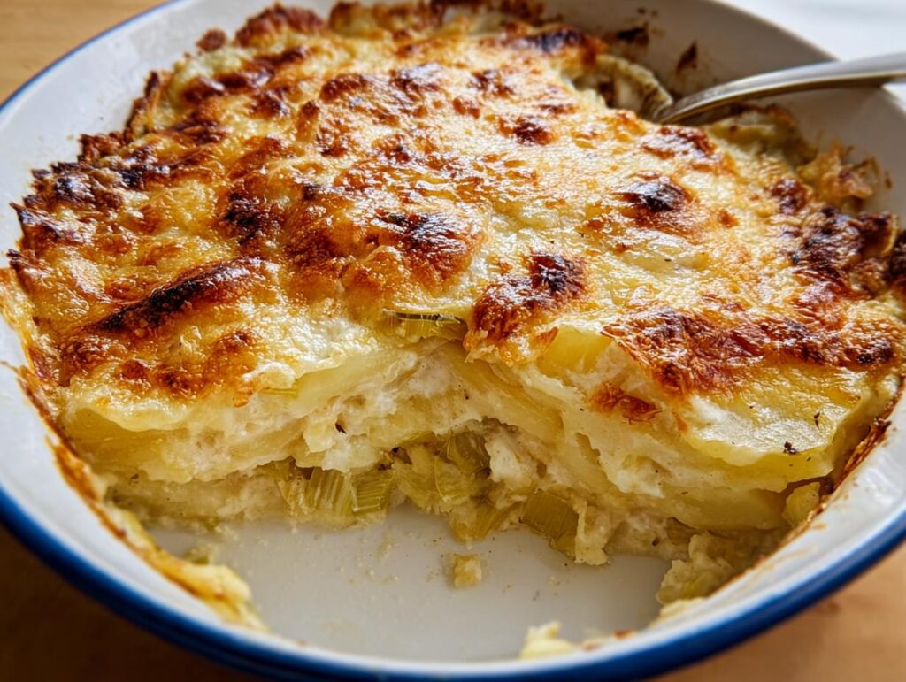 Close-up of a baked Creamy Potato Leek Gratin with a deeply browned, cheesy crust, showing layers of potatoes and leeks.