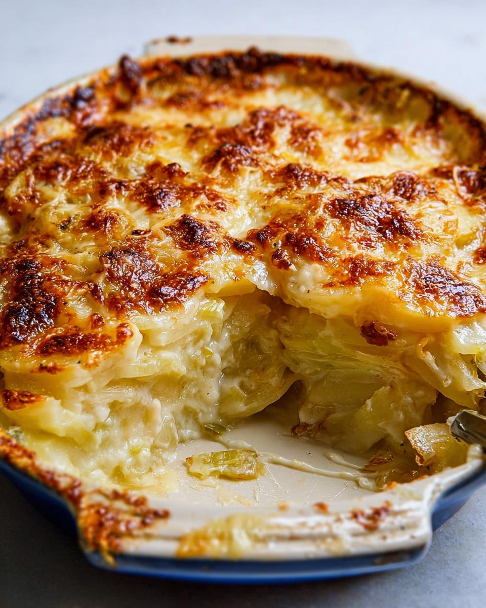 A portion scooped out of a baked Creamy Potato Leek Gratin showing layers of tender potatoes and creamy sauce.