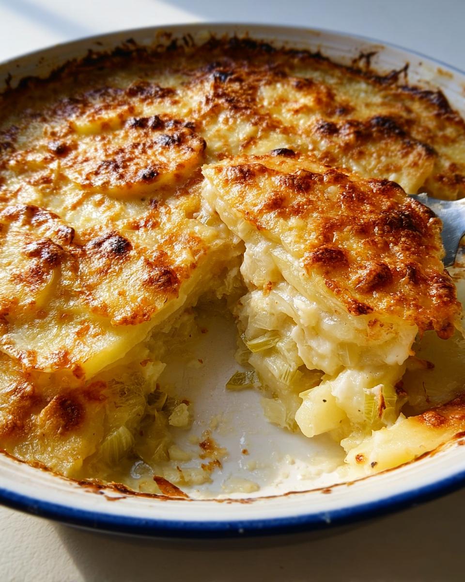 A serving spoon lifts a portion of golden-brown Creamy Potato Leek Gratin from a white baking dish, showing creamy layers.