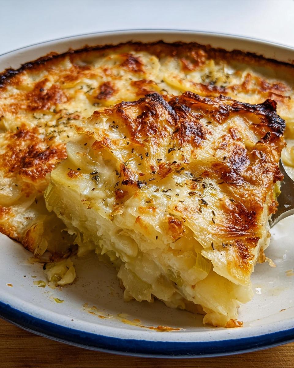 A serving spoon lifts a rich slice of Creamy Potato Leek Gratin with a golden-brown, cheesy top.