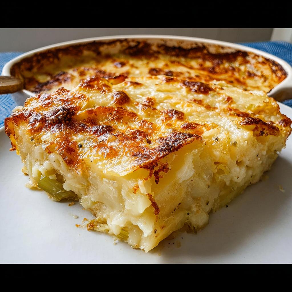 A generous slice of Creamy Potato Leek Gratin showing layers of tender potatoes and leeks with a bubbly, golden-brown cheese crust.