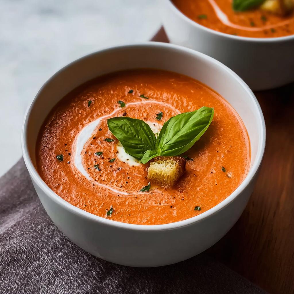 Close-up of a white bowl filled with vibrant Creamy Tomato Basil Soup, garnished with cream swirl, basil leaves, and a crouton.