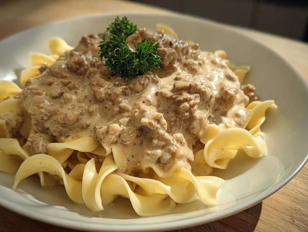 A close-up of Creamy Turkey Stroganoff generously spooned over wide egg noodles, garnished with parsley.