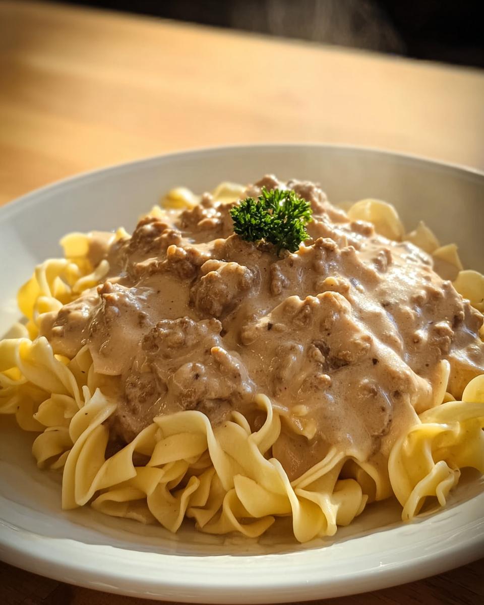 A close-up of Creamy Turkey Stroganoff served over wide egg noodles, garnished with parsley.