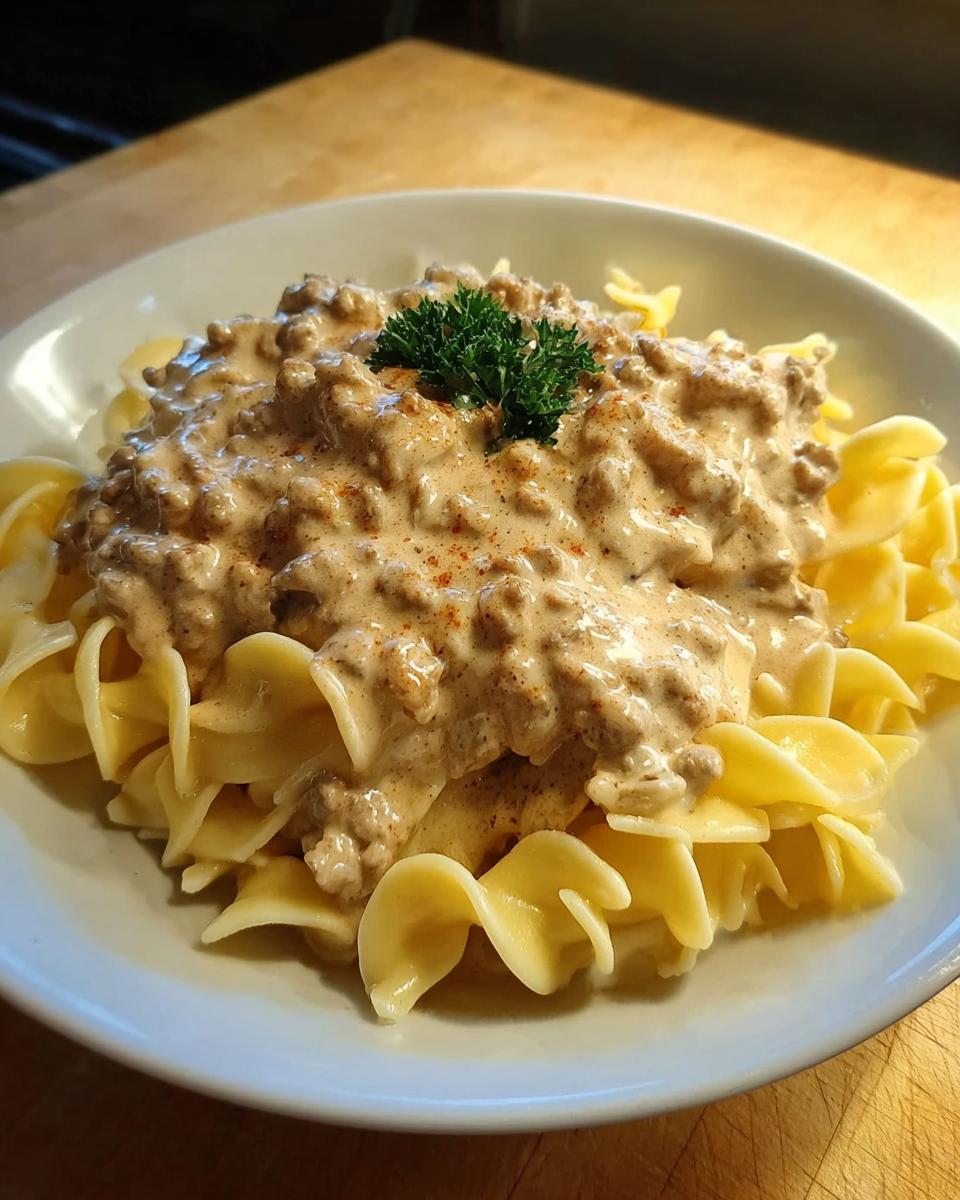 A close-up of Creamy Turkey Stroganoff served over wide egg noodles, garnished with parsley.