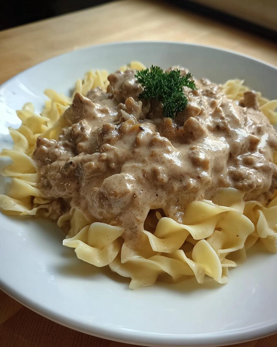 A close-up of Creamy Turkey Stroganoff served over wide egg noodles, garnished with parsley.