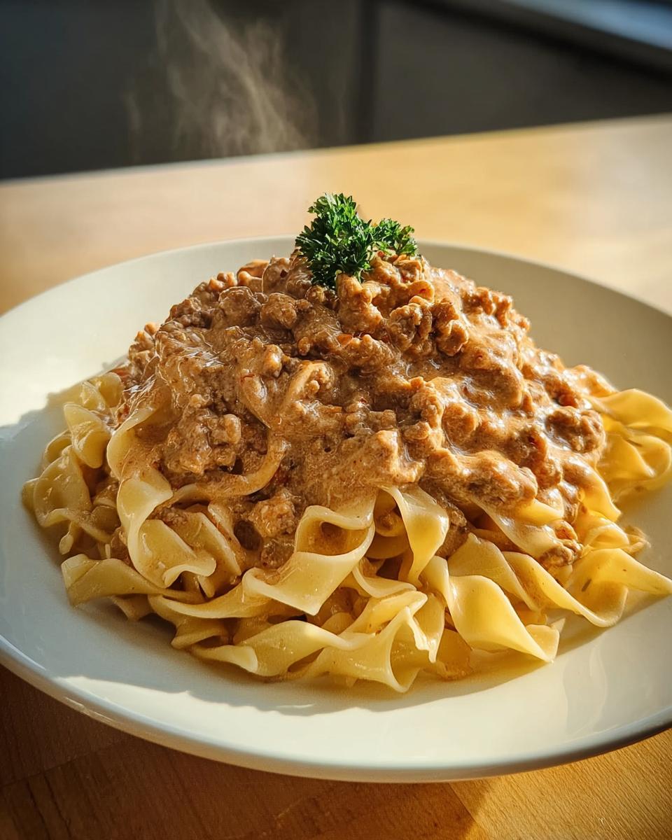 A close-up of hot, steaming Creamy Turkey Stroganoff served over wide egg noodles, garnished with parsley.