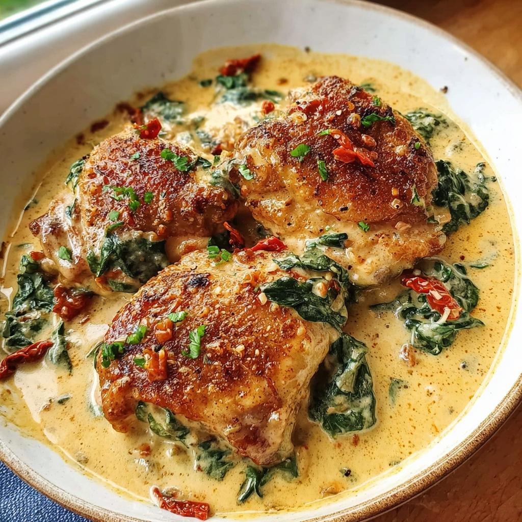Three perfectly seared Creamy Tuscan Chicken Thighs served in a rich, creamy sauce with spinach and sun-dried tomatoes.
