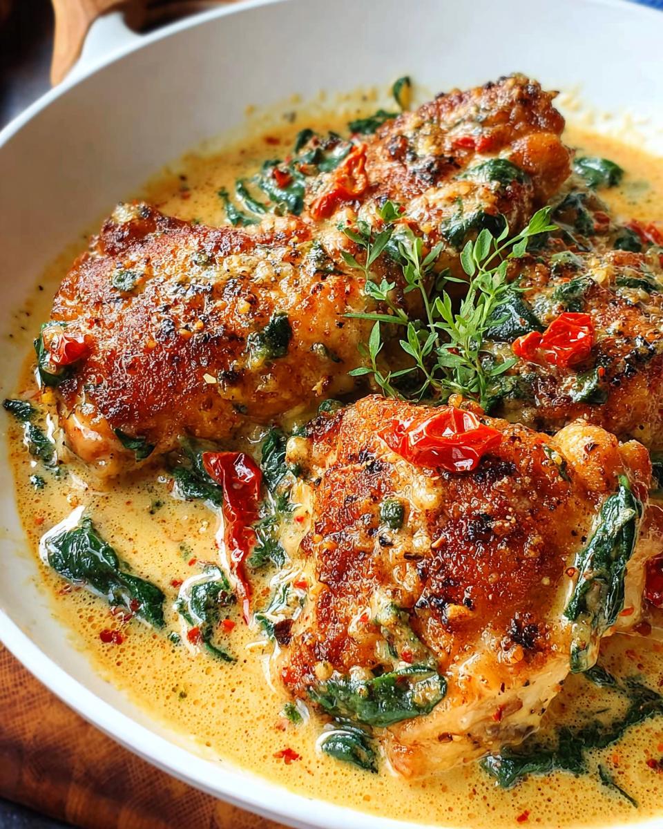 Close-up of pan-seared Creamy Tuscan Chicken Thighs covered in a rich cream sauce with spinach and sun-dried tomatoes.