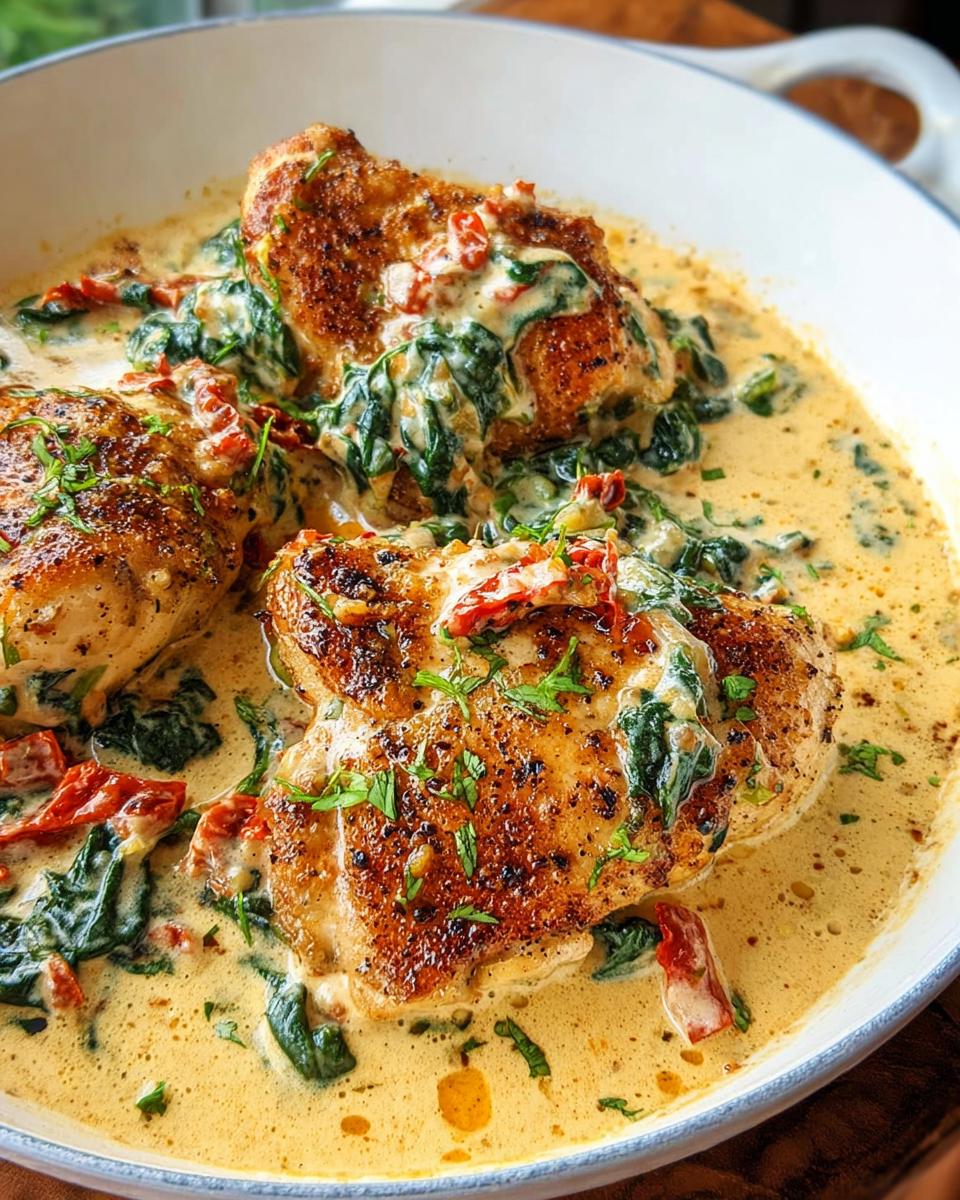 Three perfectly seared Creamy Tuscan Chicken Thighs submerged in a rich, creamy sauce with spinach and sun-dried tomatoes.