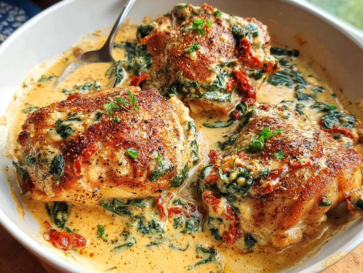 Three seared Creamy Tuscan Chicken Thighs served in a rich, creamy sauce with spinach and sun-dried tomatoes.