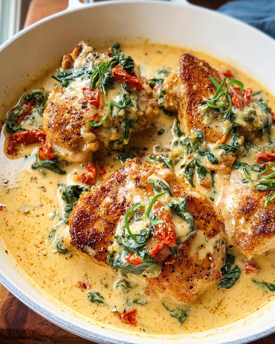 Close-up of seared Creamy Tuscan Chicken Thighs covered in a rich cream sauce with spinach and sun-dried tomatoes.