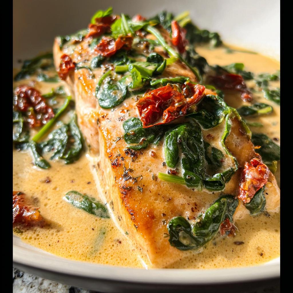Close-up of a pan-seared salmon fillet smothered in creamy sauce with spinach and sun-dried tomatoes, our Creamy Tuscan Salmon with Spinach.