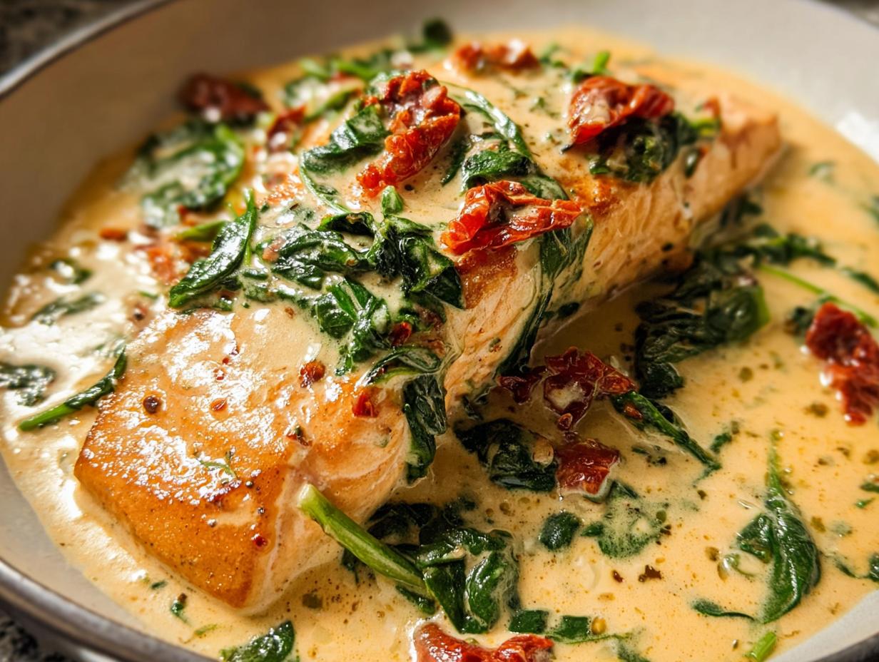 Close-up of a perfectly cooked salmon fillet smothered in a rich, creamy Tuscan sauce with spinach and sun-dried tomatoes.