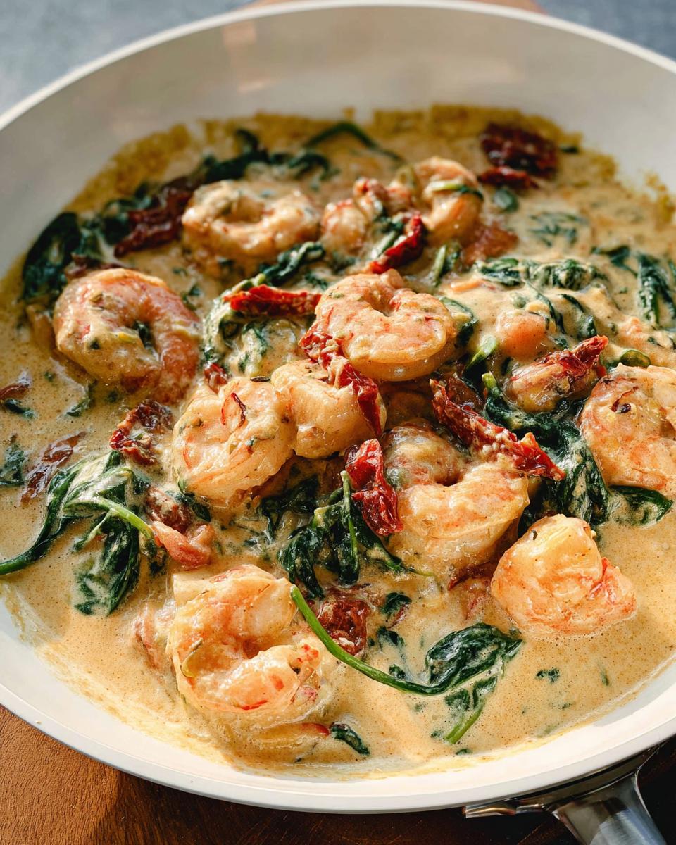 A close-up view of succulent shrimp swimming in a rich, creamy sauce with wilted spinach and sun-dried tomatoes: Creamy Tuscan Shrimp and Spinach.