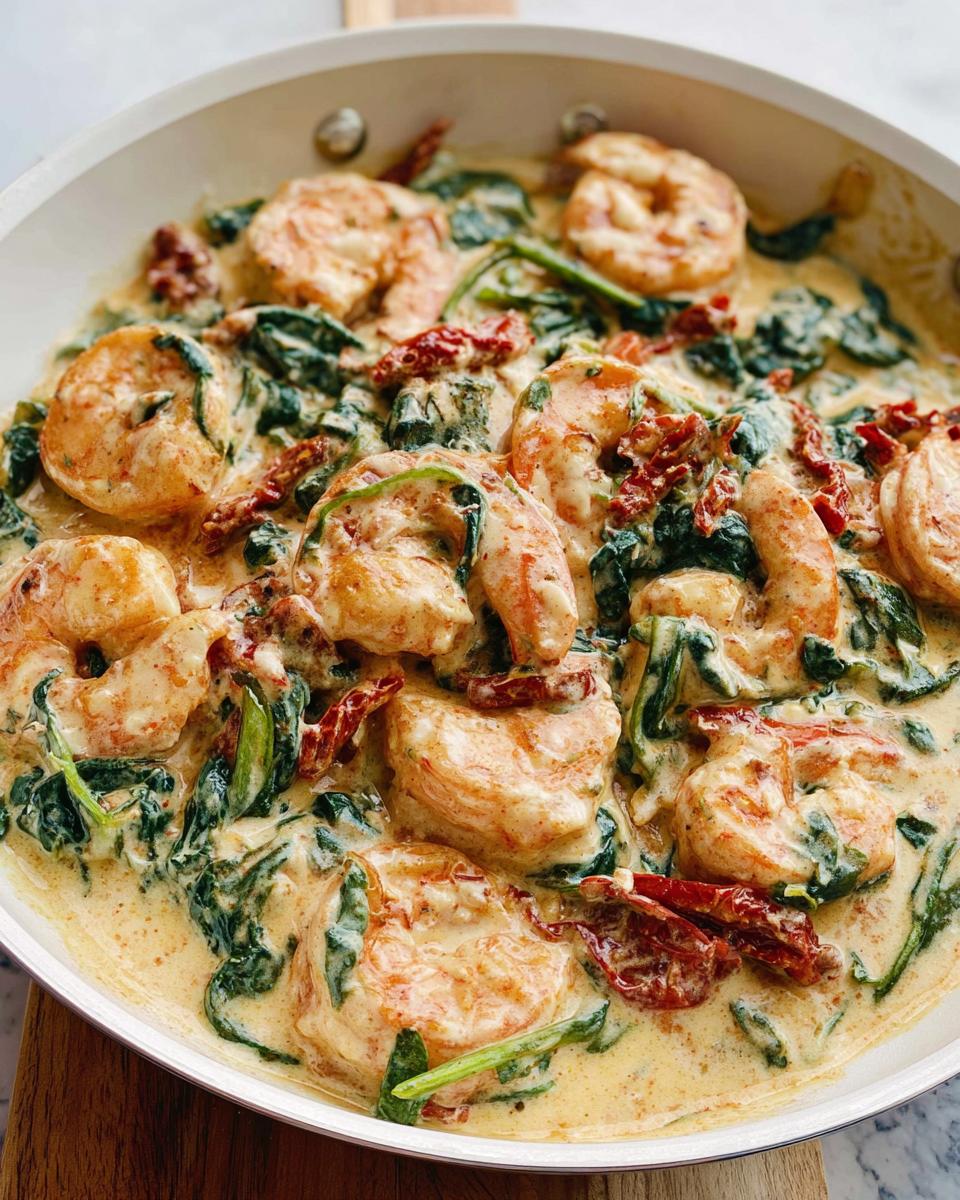 Close-up of Creamy Tuscan Shrimp and Spinach cooking in a white skillet with sun-dried tomatoes.