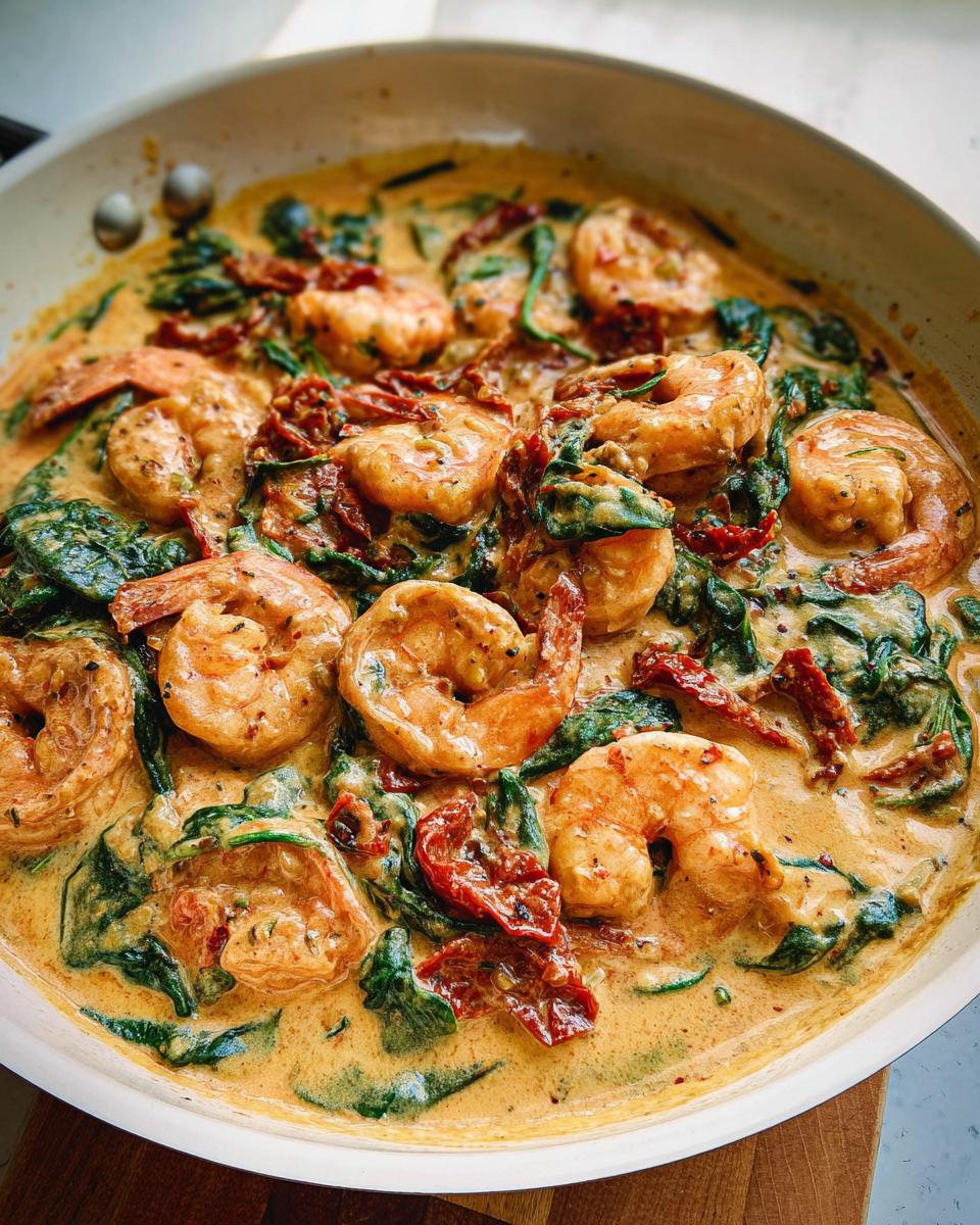 Close-up of plump shrimp, spinach, and sun-dried tomatoes simmering in a rich sauce for Creamy Tuscan Shrimp and Spinach.