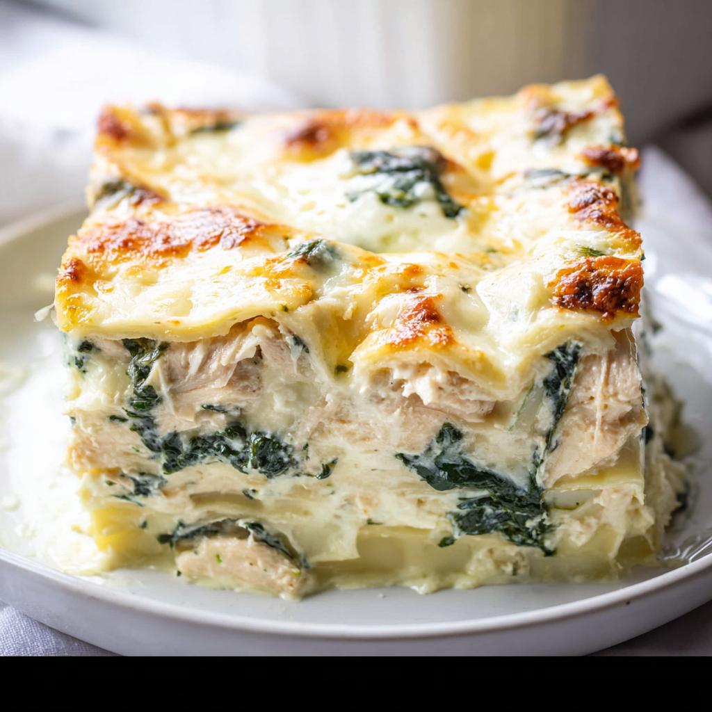A thick slice of Creamy White Chicken Spinach Lasagna showing layers of pasta, chicken, and spinach in a rich white sauce.