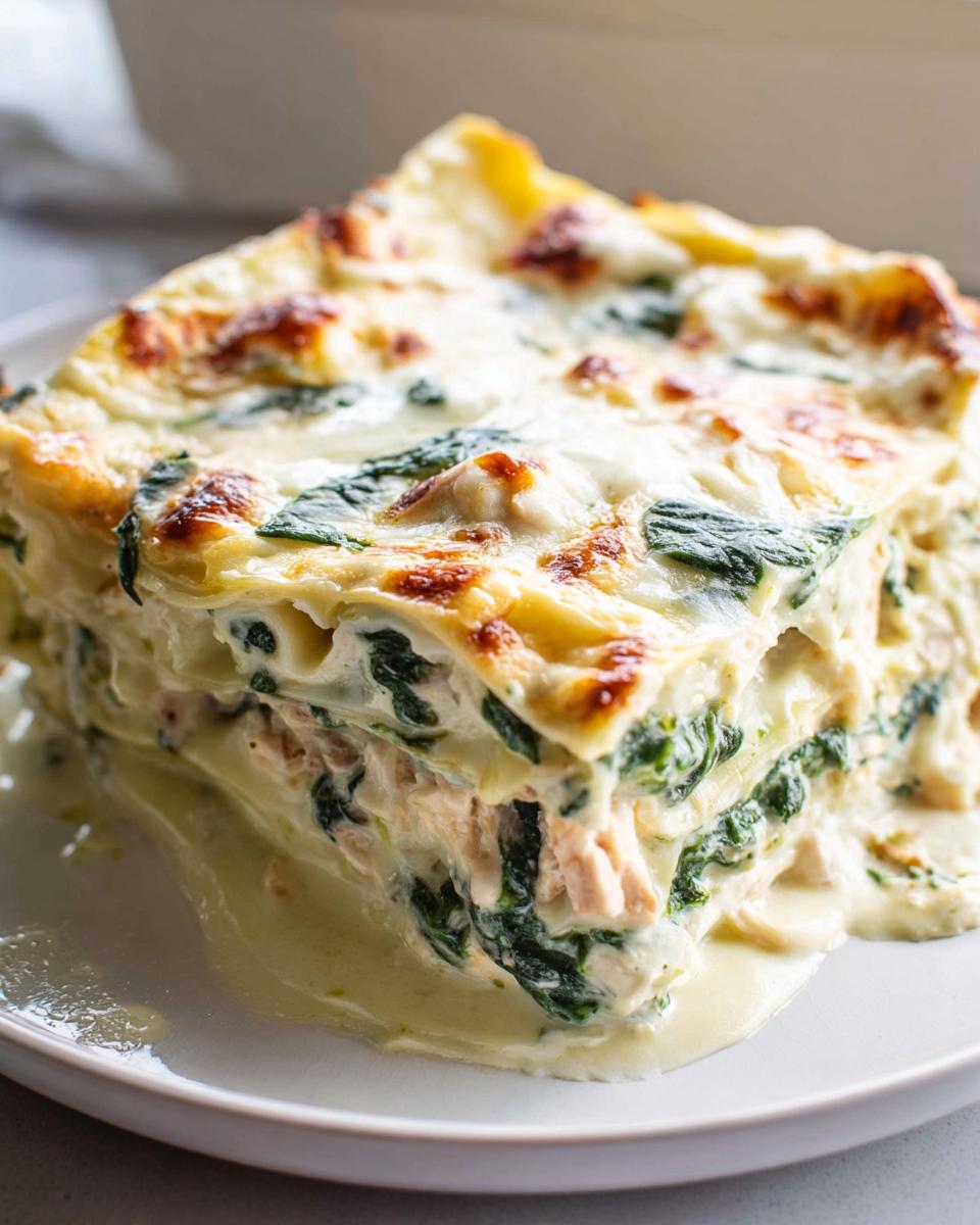Close-up of a layered slice of Creamy White Chicken Spinach Lasagna with a browned cheese top.