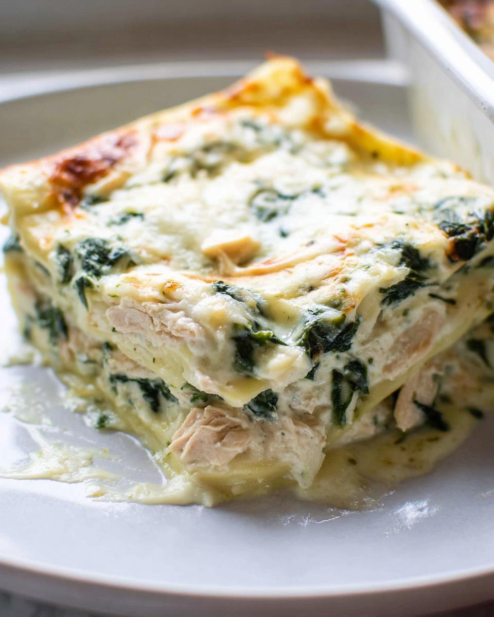 A generous slice of Creamy White Chicken Spinach Lasagna featuring layers of pasta, white sauce, chicken, and green spinach.