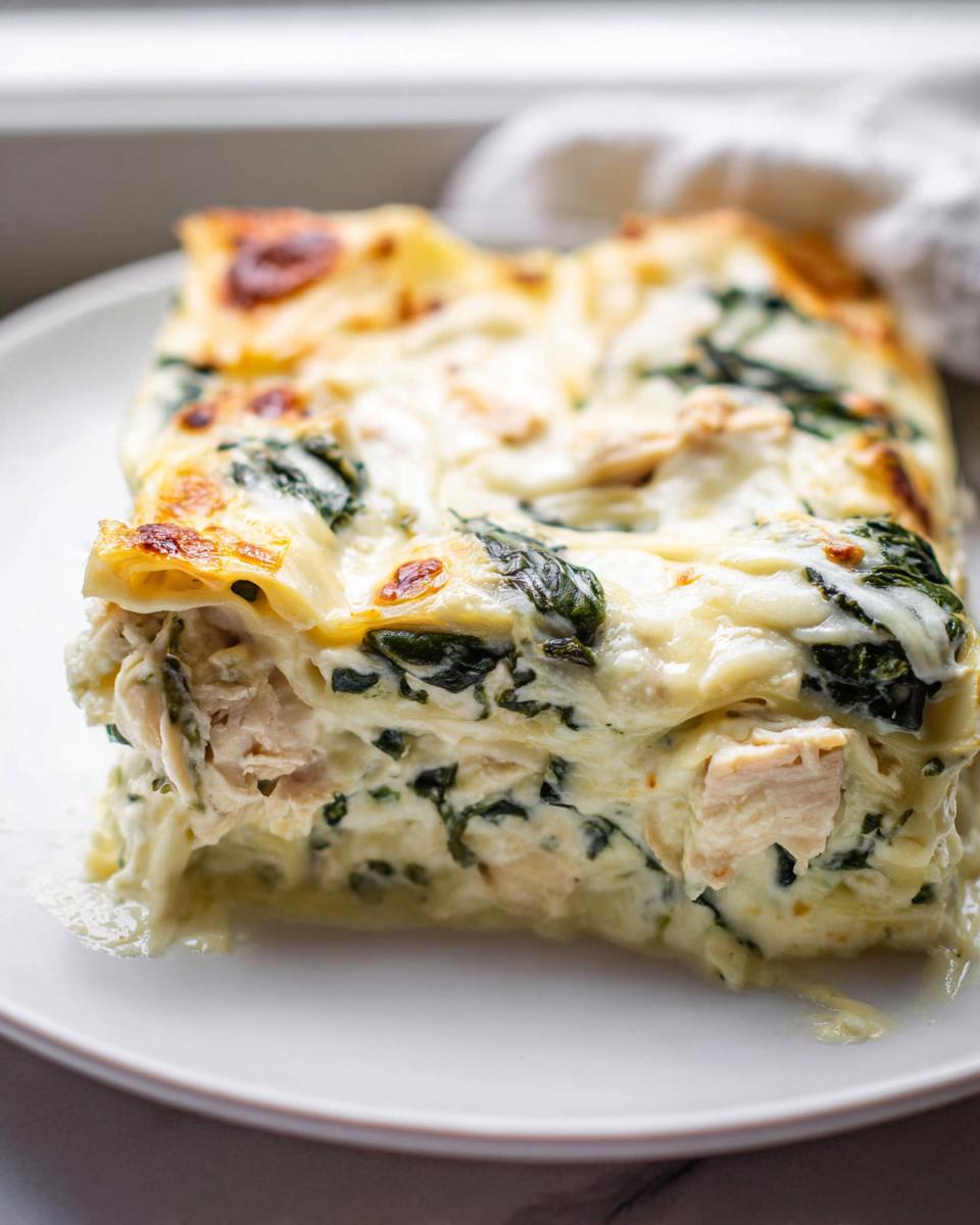 A close-up of a generous slice of Creamy White Chicken Spinach Lasagna showing layers of pasta, chicken, spinach, and white sauce.