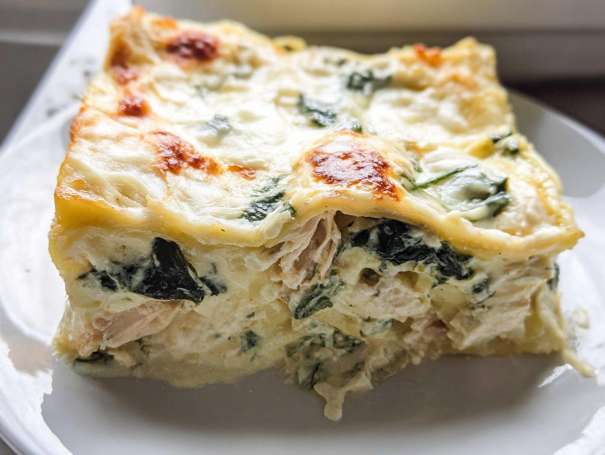 A close-up of a thick, cheesy slice of Creamy White Chicken Spinach Lasagna on a white plate.