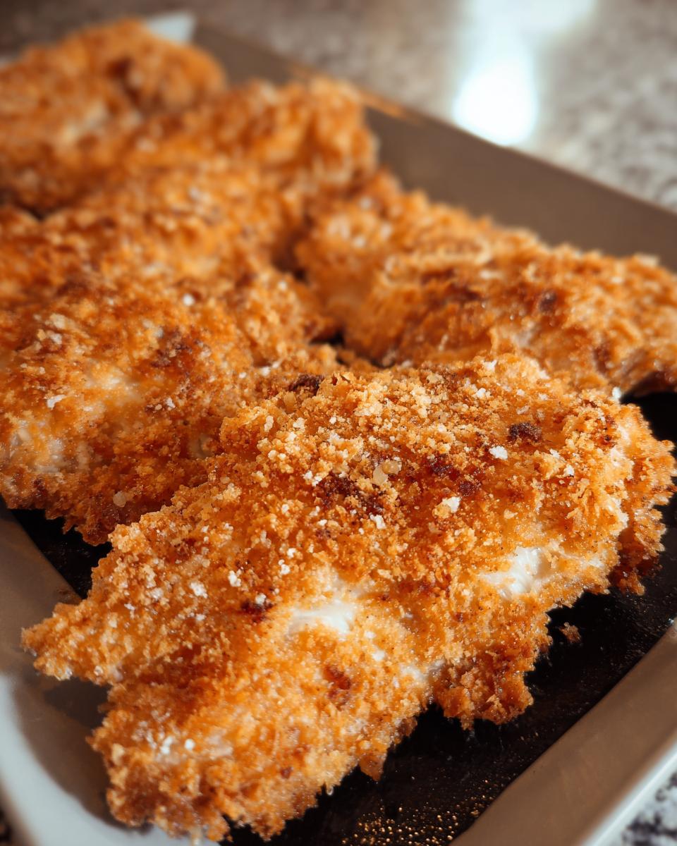 Close-up of golden, crispy breading on pieces of Buttermilk Baked Fried Chicken.