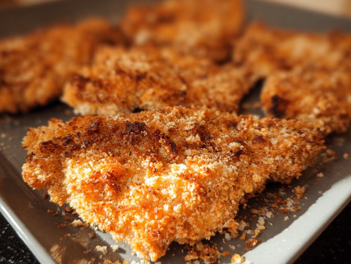 Close-up of golden brown, crispy breaded pieces of Buttermilk Baked Fried Chicken on a gray tray.