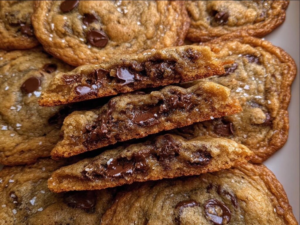 Close-up of Crispy Chewy Thin Chocolate Chip Cookies, showing the gooey melted chocolate center of a broken cookie.
