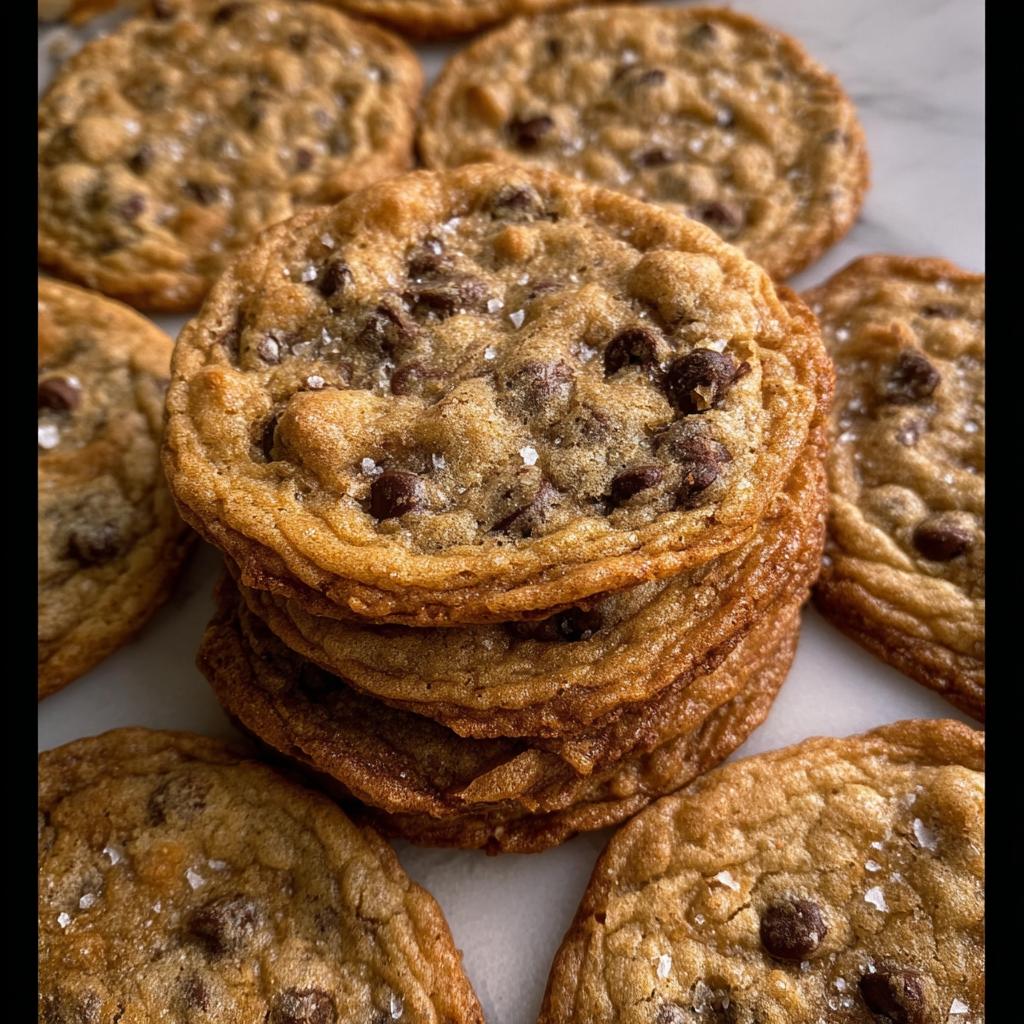 A stack of golden brown Crispy Chewy Thin Chocolate Chip Cookies sprinkled with sea salt.