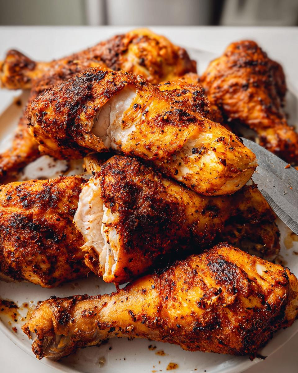 Close-up of several juicy and Crispy Oven Baked Chicken Drumsticks with dark seasoning on a white plate.