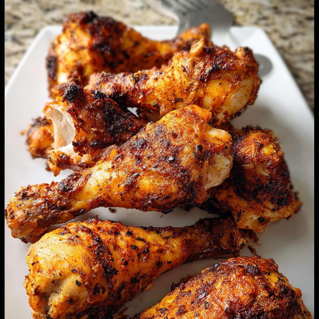 A close-up shot of several golden brown, crispy oven baked chicken drumsticks piled on a white plate.
