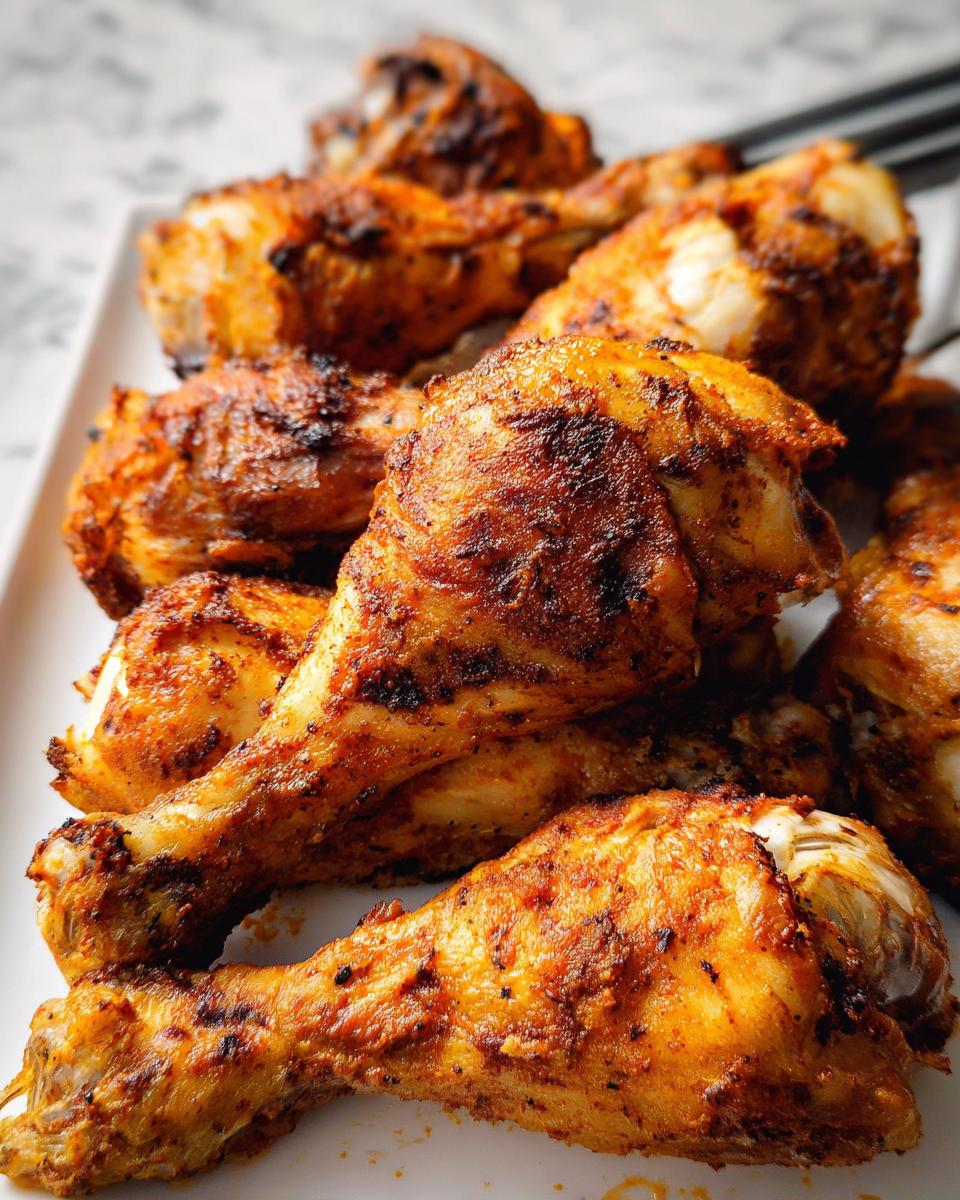 A close-up of several golden brown, seasoned Crispy Oven Baked Chicken Drumsticks piled on a white platter.