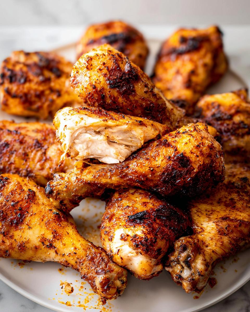 A close-up stack of perfectly seasoned, crispy oven baked chicken drumsticks, one piece pulled apart showing juicy white meat.