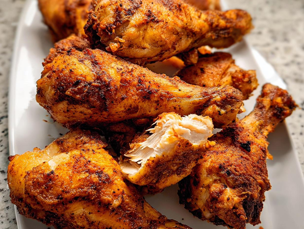 A pile of golden brown, seasoned Crispy Oven Baked Chicken Drumsticks served on a white platter, one piece broken open showing juicy white meat.