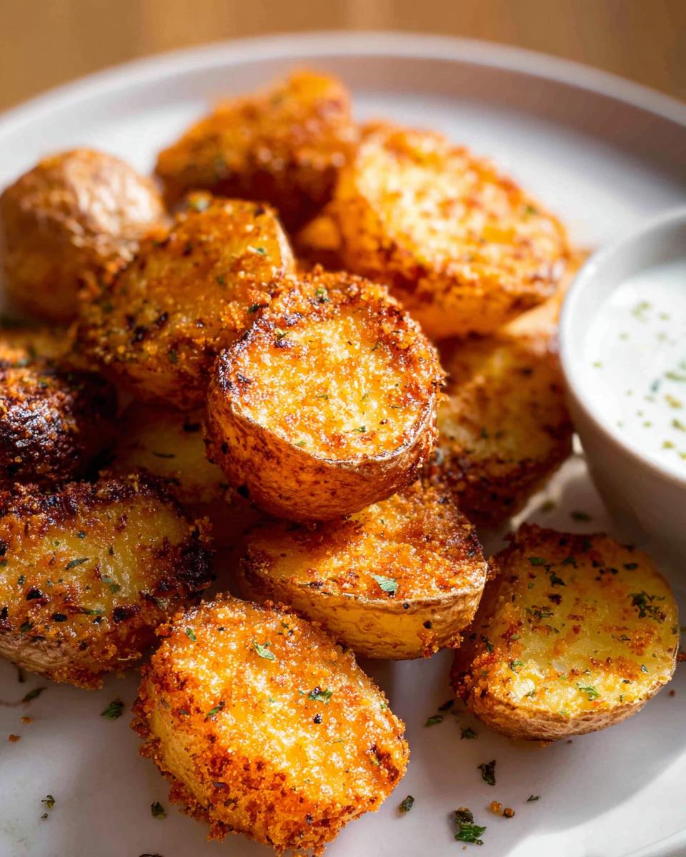 A close-up of golden brown, crispy Parmesan roasted baby potatoes piled on a white plate next to a small bowl of dipping sauce.