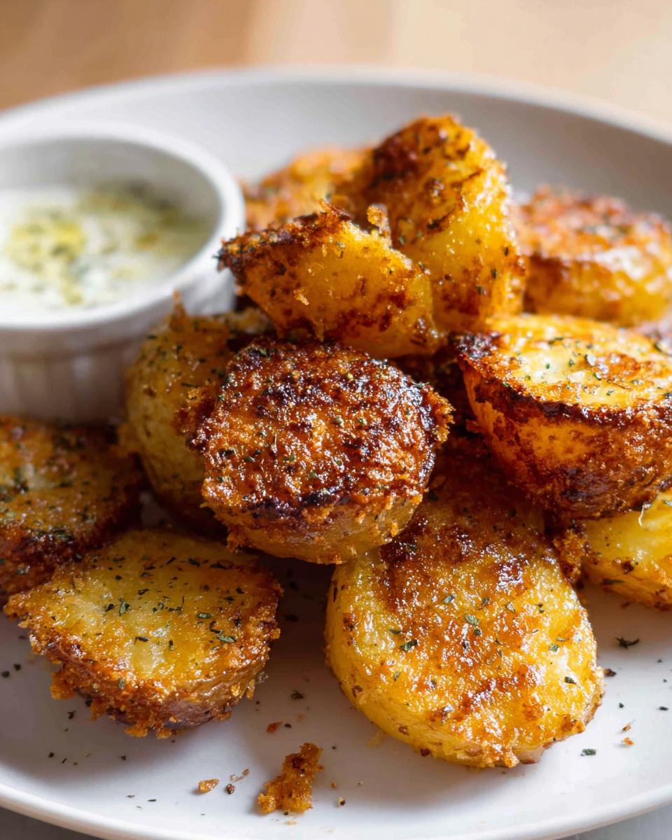 A close-up of golden, crispy Parmesan roasted baby potatoes piled on a white plate with a side of dipping sauce.