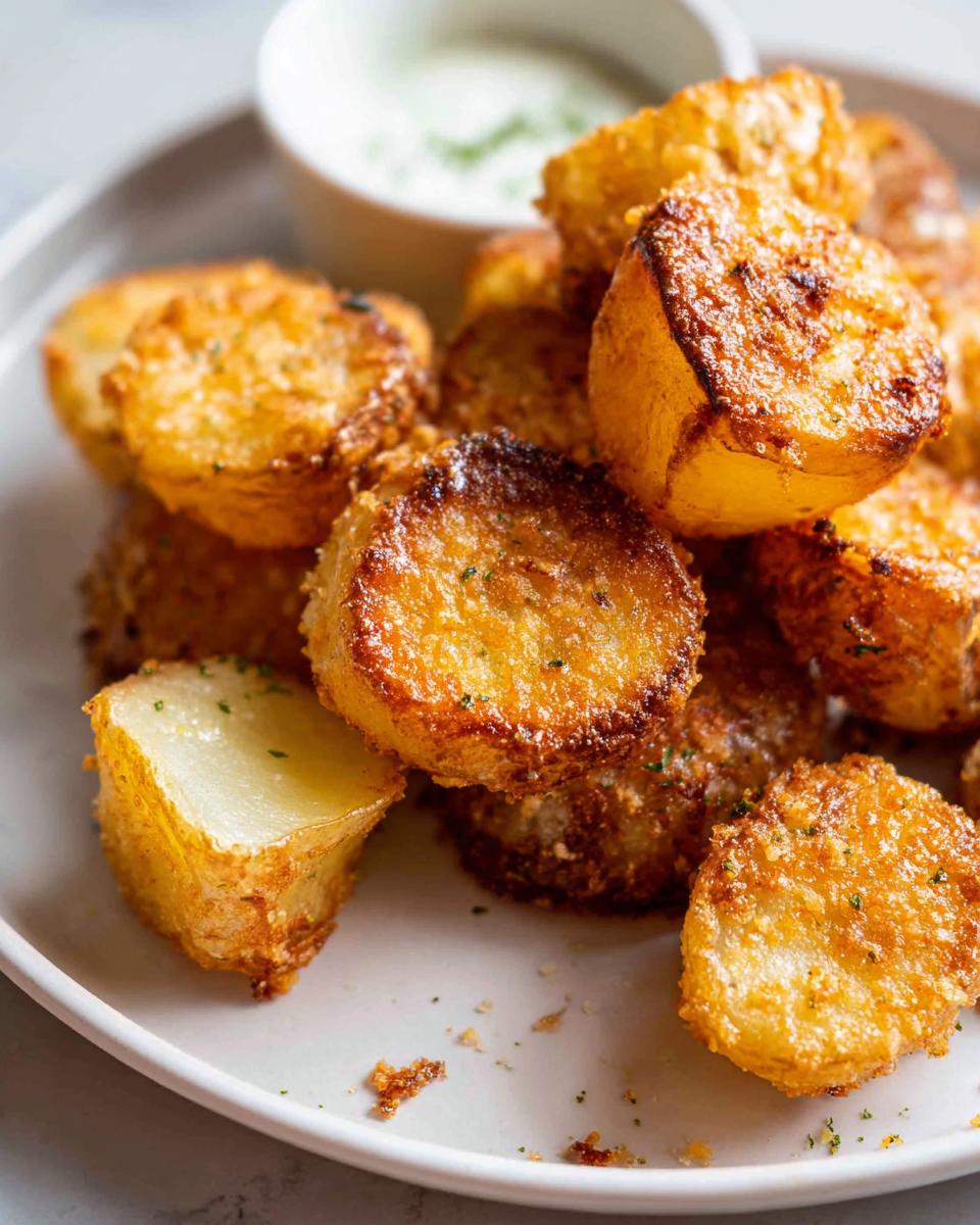Close-up of golden brown, crispy Parmesan roasted baby potatoes piled on a white plate with a dipping sauce in the background.