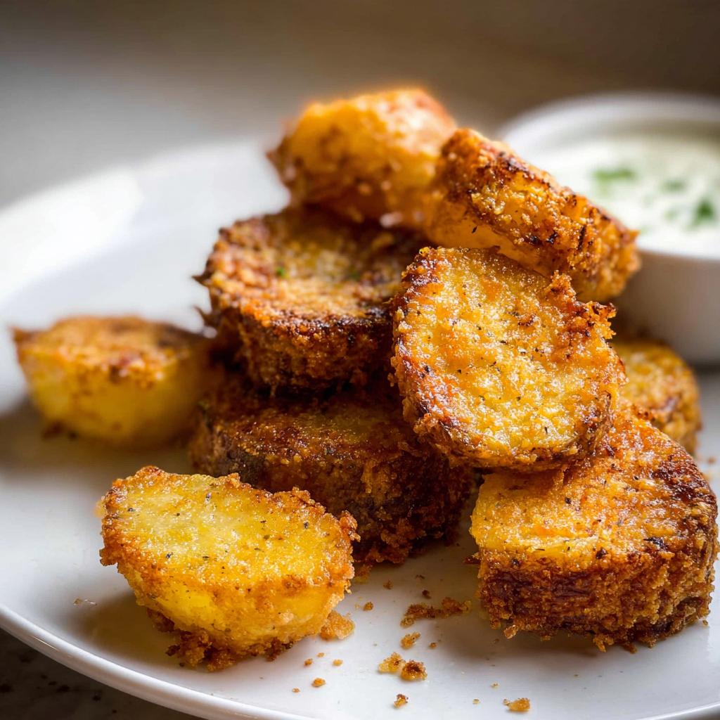 A close-up stack of golden brown Crispy Parmesan Roasted Baby Potatoes served on a white plate with a side of dipping sauce.