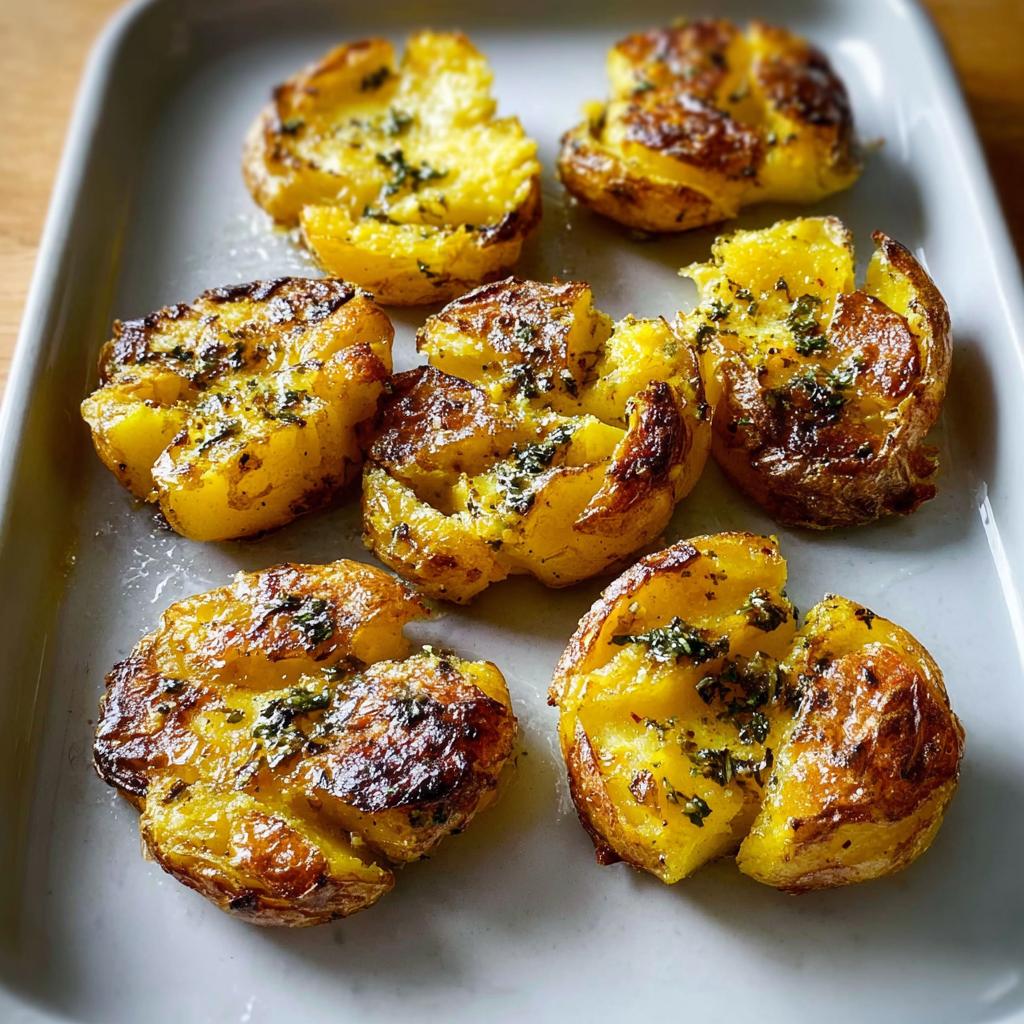 Six golden brown Crispy Smashed Potatoes drizzled with herbed butter on a light gray serving tray.