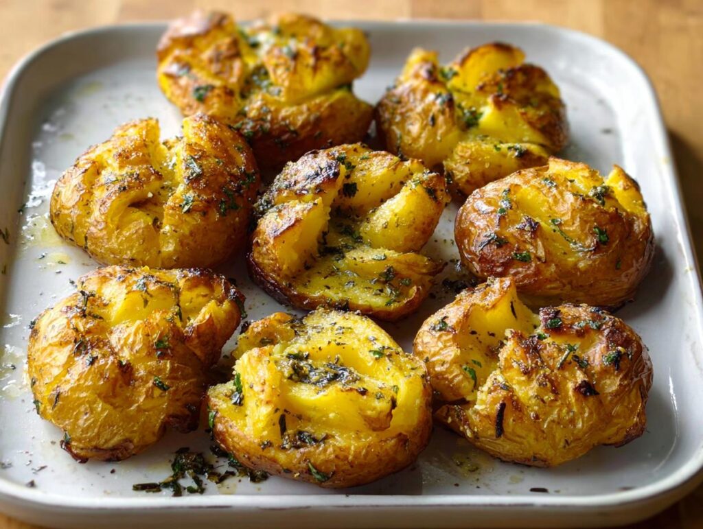 Close-up of golden brown, crispy smashed potatoes drizzled with herbed butter.
