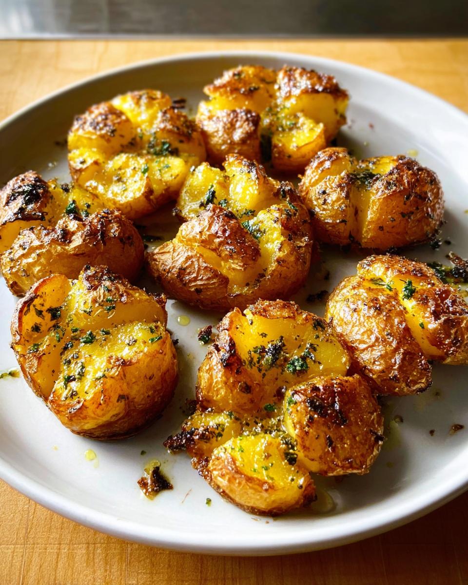 Close-up of golden brown, crispy smashed potatoes drizzled with herbed butter on a white plate.
