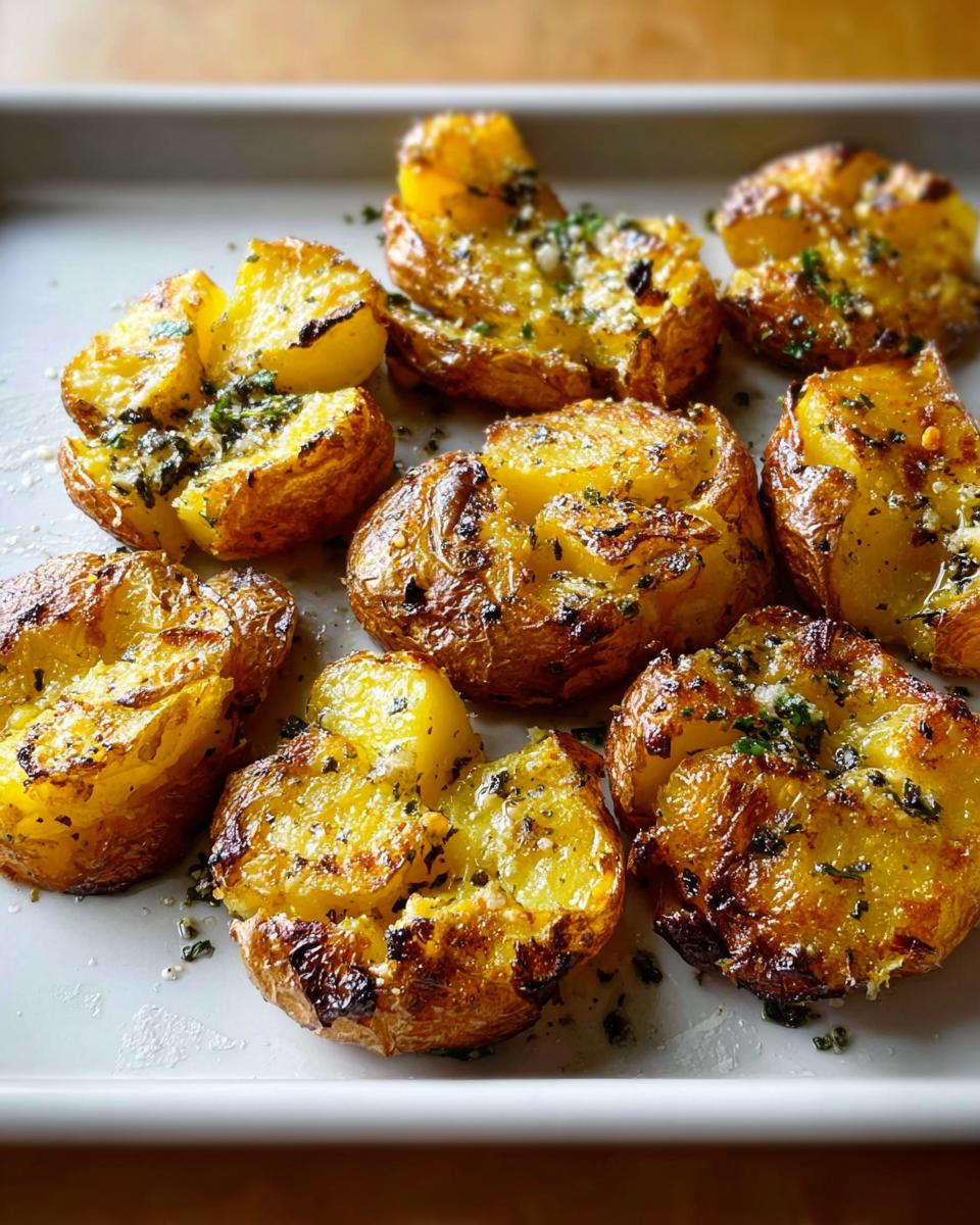 Close-up of golden brown, crispy smashed potatoes topped with melted herbed butter and fresh parsley.